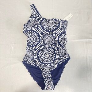 Nicole Miller One Strap Asymmetrical Wring Detail Back One-Piece Swimsuit sz 12